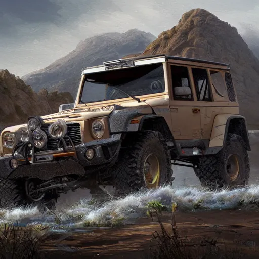 Prompt: full view of a off-road classic supercar, intricate, elegant, highly detailed, digital painting, concept art, smooth, sharp focus, art style from Greg Rutkowski and Bruce Kaiser and Scott Robertson and Dmitry Mazurkevich and Doruk Erdem and Jon Sibal
