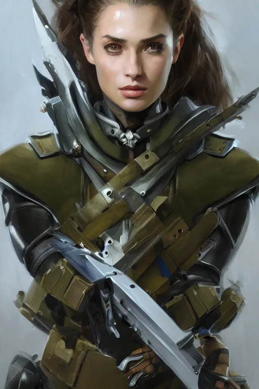 Image similar to a professionally painted portrait of an attractive young woman, clothed in military armor, olive skin, long dark hair, beautiful bone structure, symmetrical facial features, intricate, elegant, digital painting, trending on Artstation, concept art, smooth, sharp focus, illustration, from Metal Gear by Ruan Jia and Mandy Jurgens and Artgerm and William-Adolphe Bouguerea, award winning