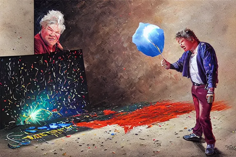 Prompt: portrait of rip taylor throwing confetti at a crime scene chalk outline, an oil painting by ross tran and thomas kincade