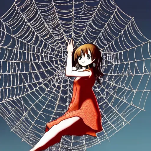 Image similar to anime emma watson hanging from and trapped in a giant spider web