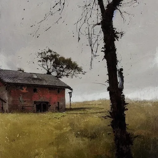 Image similar to painting by jakub rozalski of a house hanging on trees