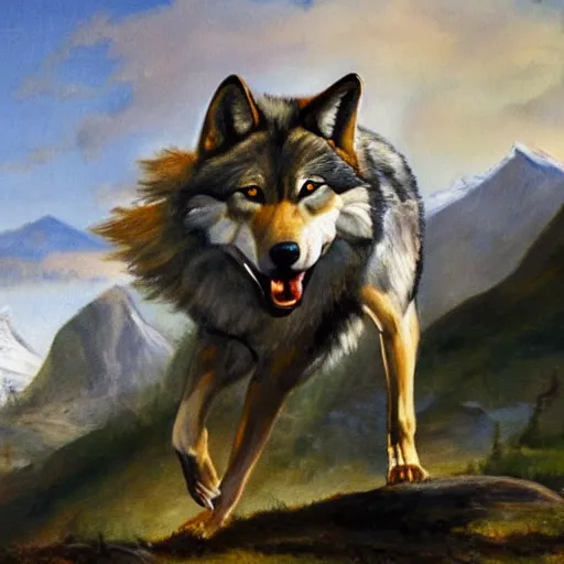 Prompt: a painting of a wolf hauling on top of a mountain