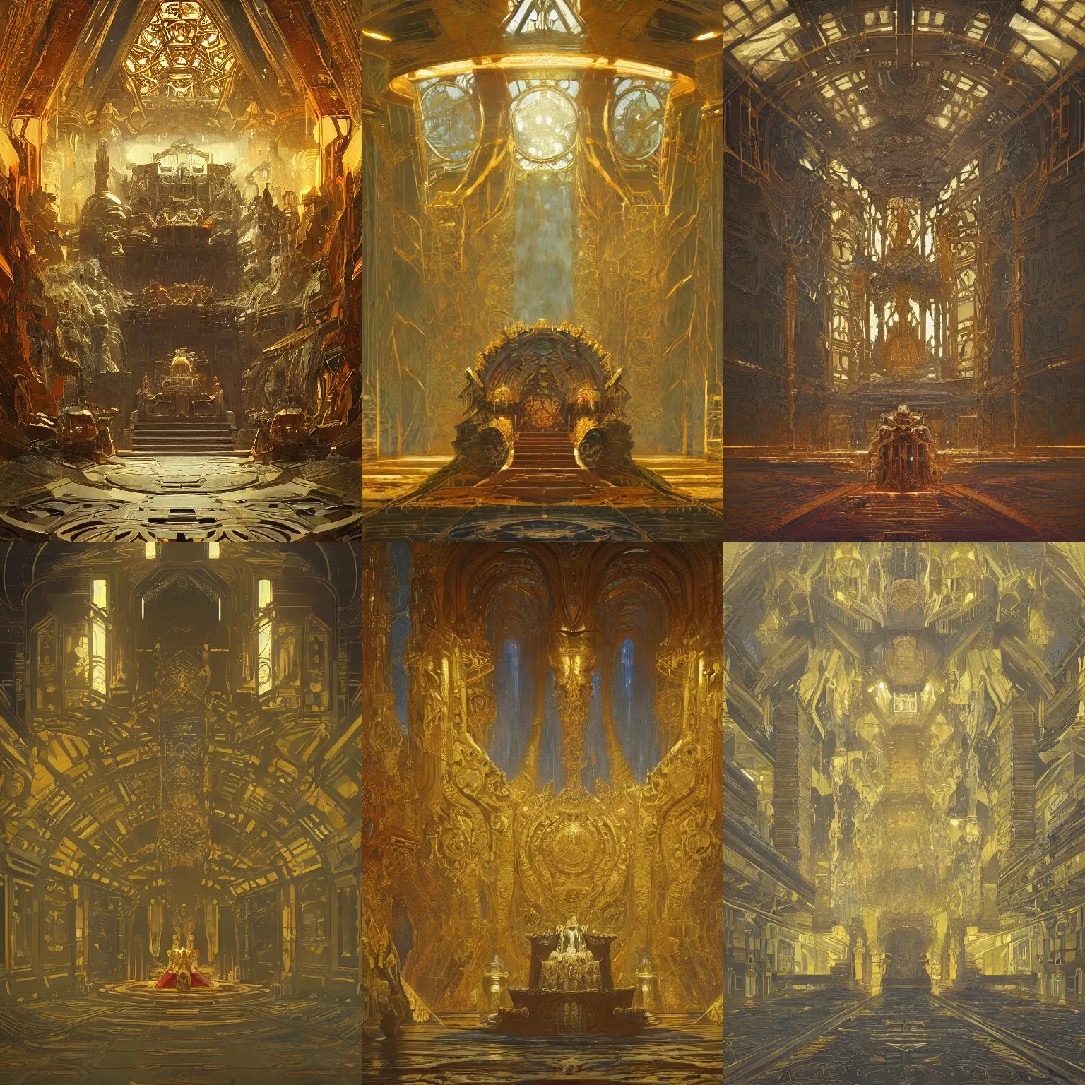 Prompt: Concept Digital Art Highly detailed Art Deco Cybertronian throne room inside of the infinite Palace by Craig Mullins, greg rutkowski, Ilya repin, alphonse mucha, and Edmund Blair Leighton. Very highly detailed 8K, octane, Digital painting, the golden ratio, rational painting