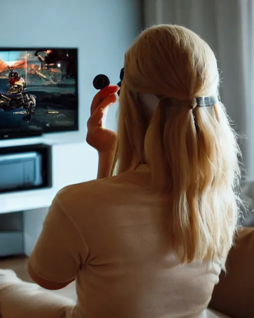 Prompt: view from behind of a cute beautiful blonde woman playing game, holding controller, watching television displaying call of duty, intricate detail, cinematic composition