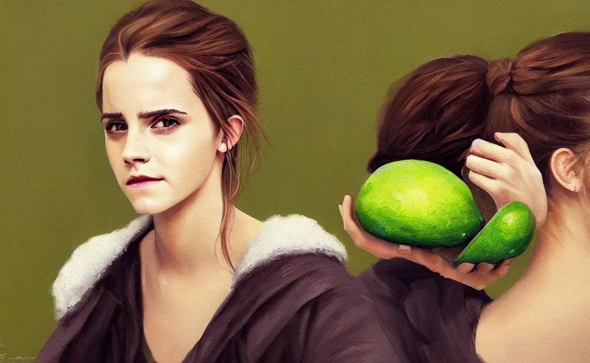 Image similar to a painting of emma watson as an avocado trending on artstation in the style of greg rutkowski