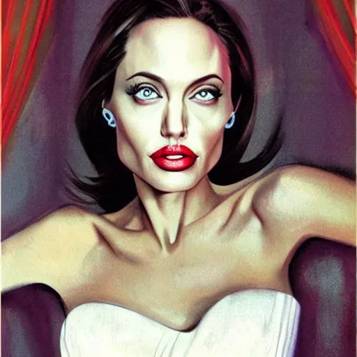 Prompt: Angelina Jolie portrait, color vintage magazine illustration 1950