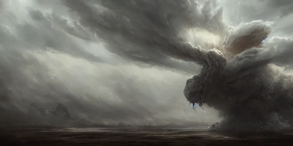 Image similar to concept art, of a horrid creature made of clouds in the sky, thunderstom, rain, dust, medieval, dark concept art, dark skies painting by wlop, nixeu and greg rutkowski, beautiful, semirealism, artstation, octane render, oil painting, sharpness, 8 k, golden ratio