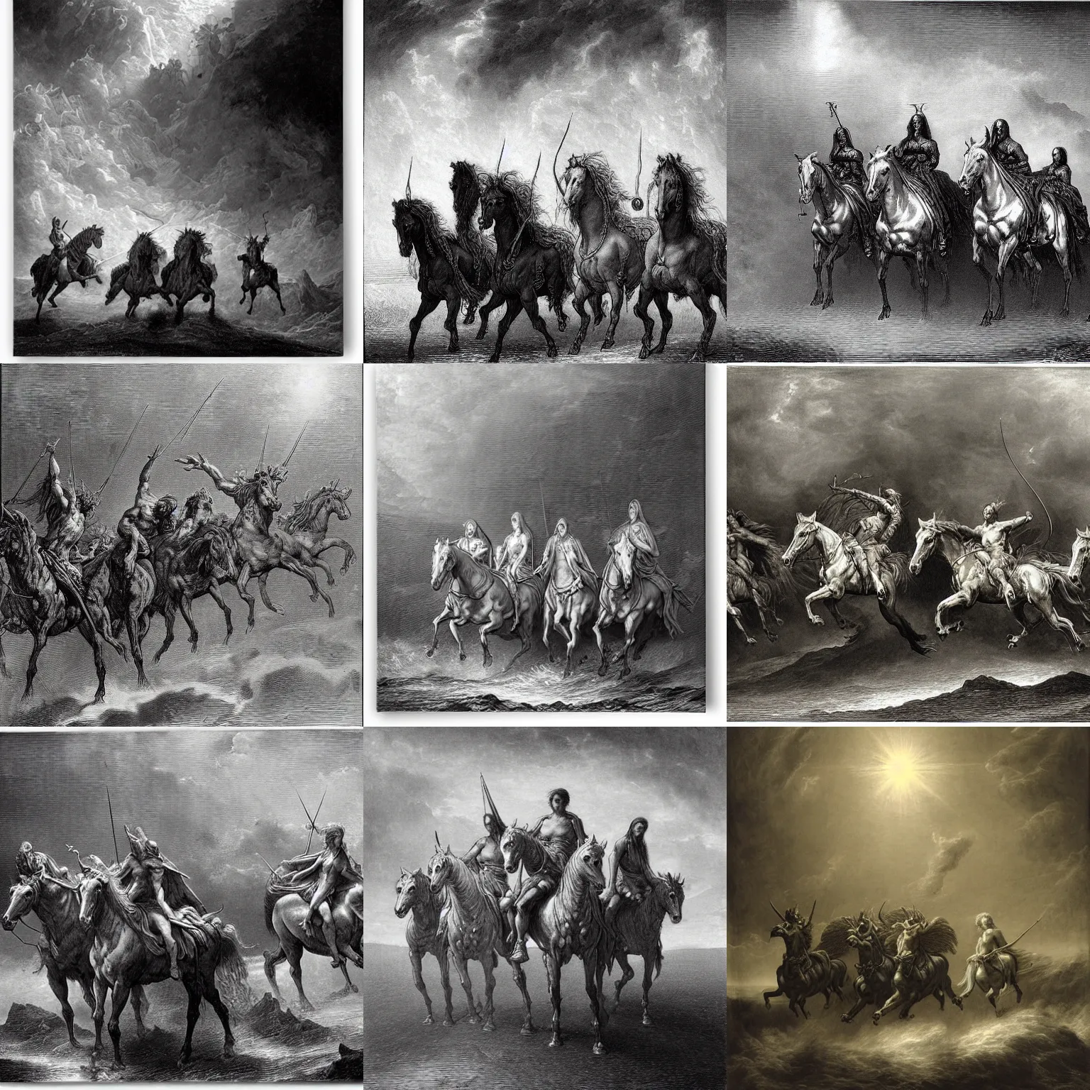Prompt: the four horsemen of the apocalypse by gustave dore
