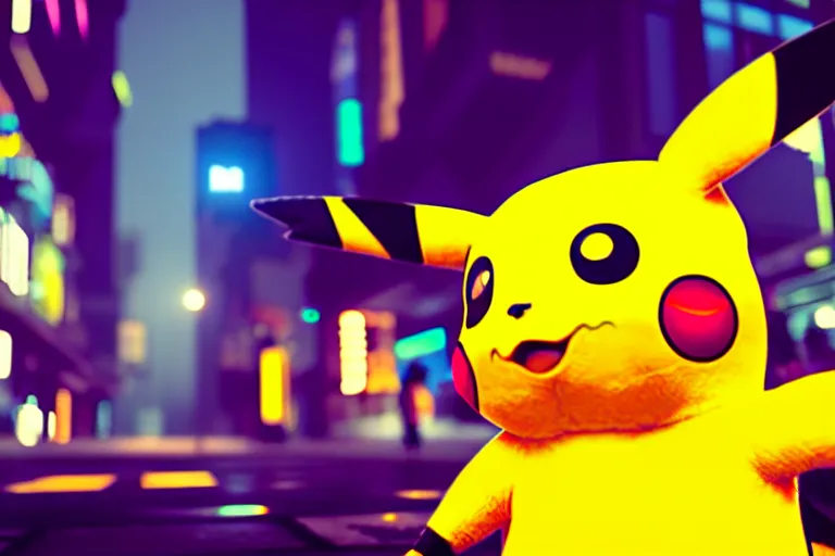 Image similar to a pikachu in a cyberpunk city. super realistic 8 k render of a elegant, cinematic composition