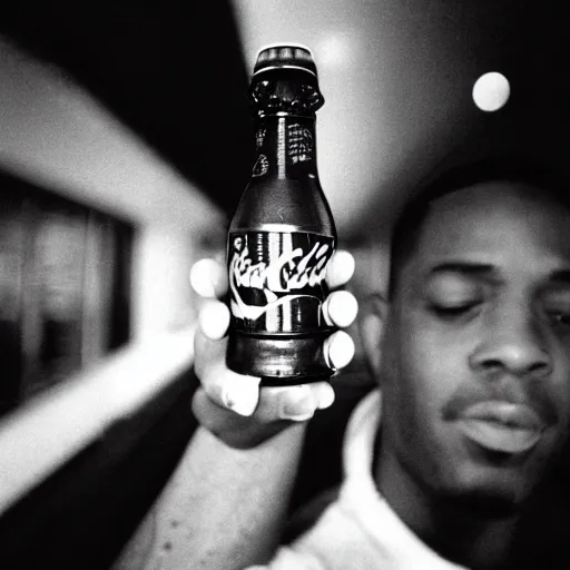 Prompt: 1 9 9 0's rapper holding a bottle of coca - cola, fisheye lens