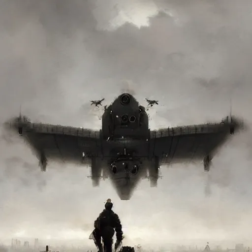 Prompt: huge steampunk aircraft, sky,, dense fog, jakub rozalski