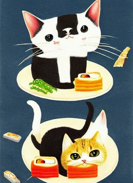 Image similar to clear surrealist painting of adorable cats made out of sushi