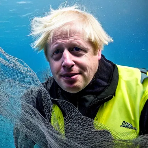 Prompt: Boris Johnson underwater, tangled in a fishing net