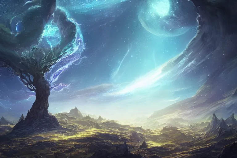 Prompt: a beautiful scenary of a fantasy world below a legendary yggdrasil tree with the background of a milky way, artstationHD, digital painting, hyper detail, elegant, cinematic, epic lighting, very very very very beautiful scenery, smooth, sharp focus