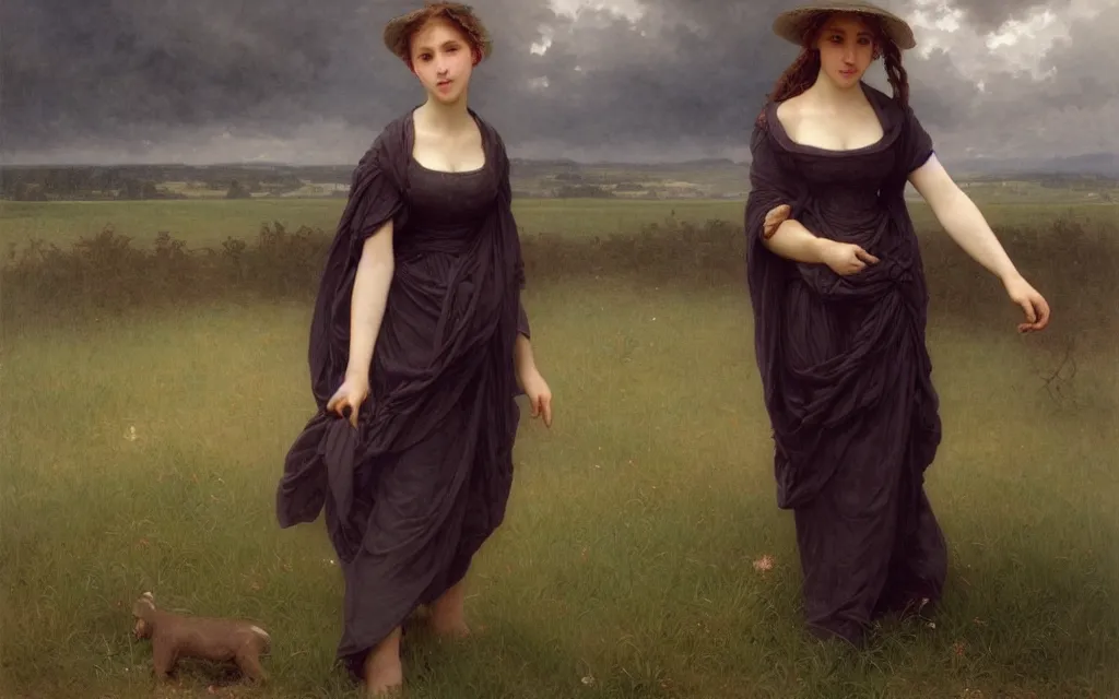 Image similar to a beautiful young woman, a beautiful farm in the background, dramatic weather, by William Adolphe Bouguereau, by Edgar Maxence, by Ross Tran and Michael Whelan,trending on artstation