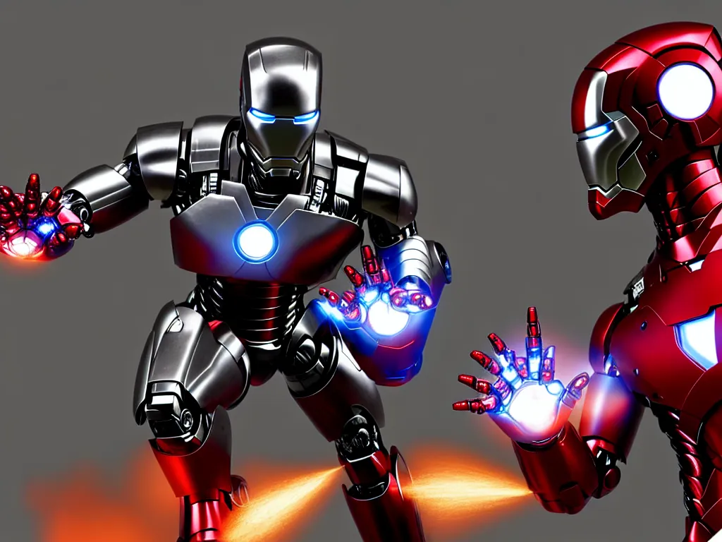 Prompt: robocop in a battle with iron man, smoke, fi, chrome, shiny, reflective, metallic, 3 d render, realistic, hdr, stan winston studios, dramatic lighting, flame colors bright,