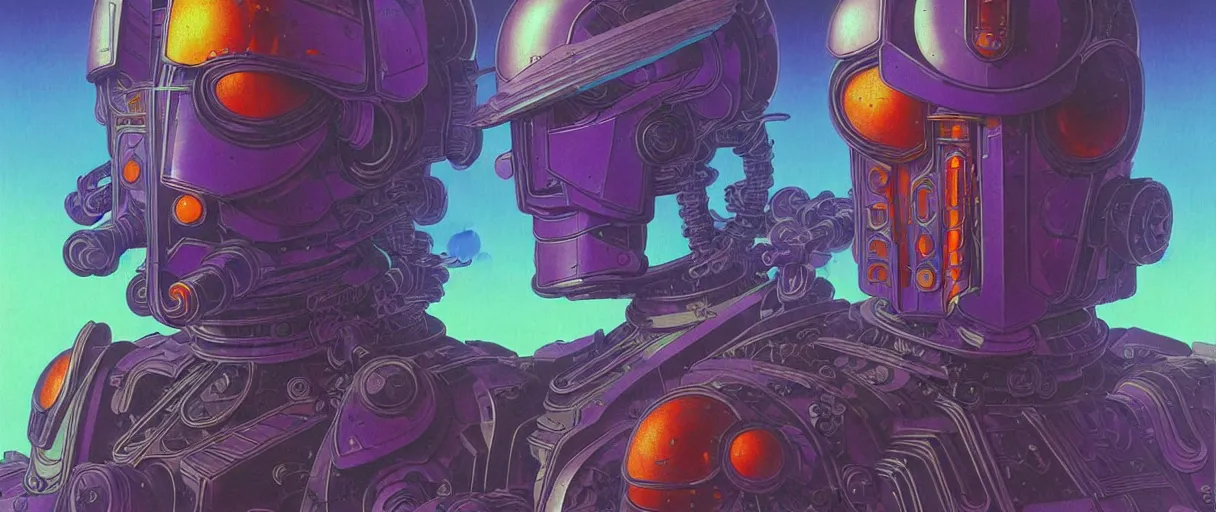 Prompt: composition of and futuristic, warhammer, cyber armor, scars, storm, blue head, orange, purple, mouldy juice, many mech flowers, the middle ages, highly detailed, artstation, in the style of moebius, jugendstil and classic japanese print, psychedelic, art by rene magritte