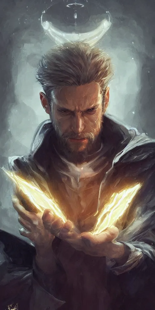 Prompt: a professional painting of a handsome young wizard olive skin, buzzed short dark hair, beautiful bone structure, symmetrical facial features, casting an evil spell, a floating glowing spellbook, , intricate, elegant, digital painting, concept art, smooth, sharp focus, illustration, from Metal Gear, by Ruan Jia and Mandy Jurgens and Artgerm and William-Adolphe Bouguereau