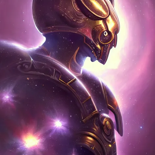 Image similar to photorealistic fantasy cosmic concept art of a cosmic god with armor made out of planets and dark matter, hovering in a unknown galaxy, fully body portrait, cinematic, dynamic lighting, ultra detailed, creative, trending on art station, stunning visuals, creative