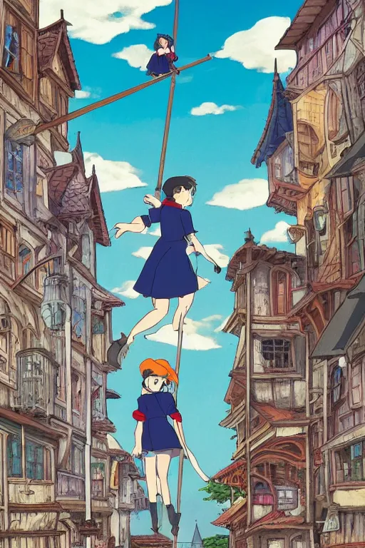 Prompt: A girl on a broomstick flying over the city sky at afternoon ,Medieval Cities ,Eye-catching blue accents,by studio ghibli,Interaction of Color, graphic design