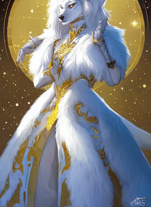 Prompt: commissioned full body portrait of a female anthro werewolf fursona with white hair wearing a white and gold chinese armored dress in a white and gold palace on a starry night with a large rescent moon, by a professional manga illustrator, Stanley Artgerm Lau, WLOP, Rossdraws, James Jean, Andrei Riabovitchev, Marc Simonetti, and Sakimichan, trending on artstation