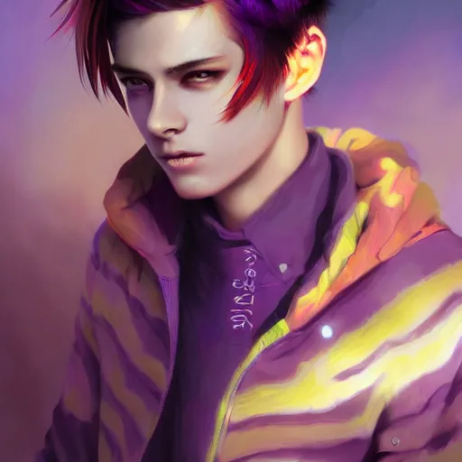 Image similar to colorful and festive captivating teenager boy with straight purple hair, purple eyes with red eye markers, slim body, wearing japanese combat clothes. rich vivid colors, ambient lighting, dynamic lighting, 4 k, atmospheric lighting, painted, intricate, highly detailed by charlie bowater