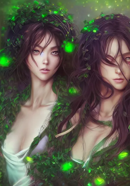 Image similar to A realistic anime portrait of a beautiful dryad twins with glowing green eyes and tree bark skin wearing clothes made of leaves, digital painting, by Stanley Artgerm Lau, Sakimichan, WLOP and Rossdraws, digtial painting, trending on ArtStation, SFW version