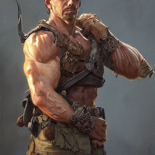 Image similar to portrait of a rugged ranger, muscular, upper body, blood, D&D, fantasy, intricate, elegant, highly detailed, digital painting, artstation, concept art, smooth, sharp focus, illustration, art by artgerm and greg rutkowski and alphonse mucha