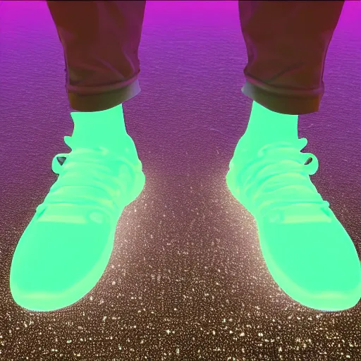 Prompt: high quality Octane 3D render of bioluminescent sneakers floating in space, emissive, bloom, volumetric, ray-tracing, bjork