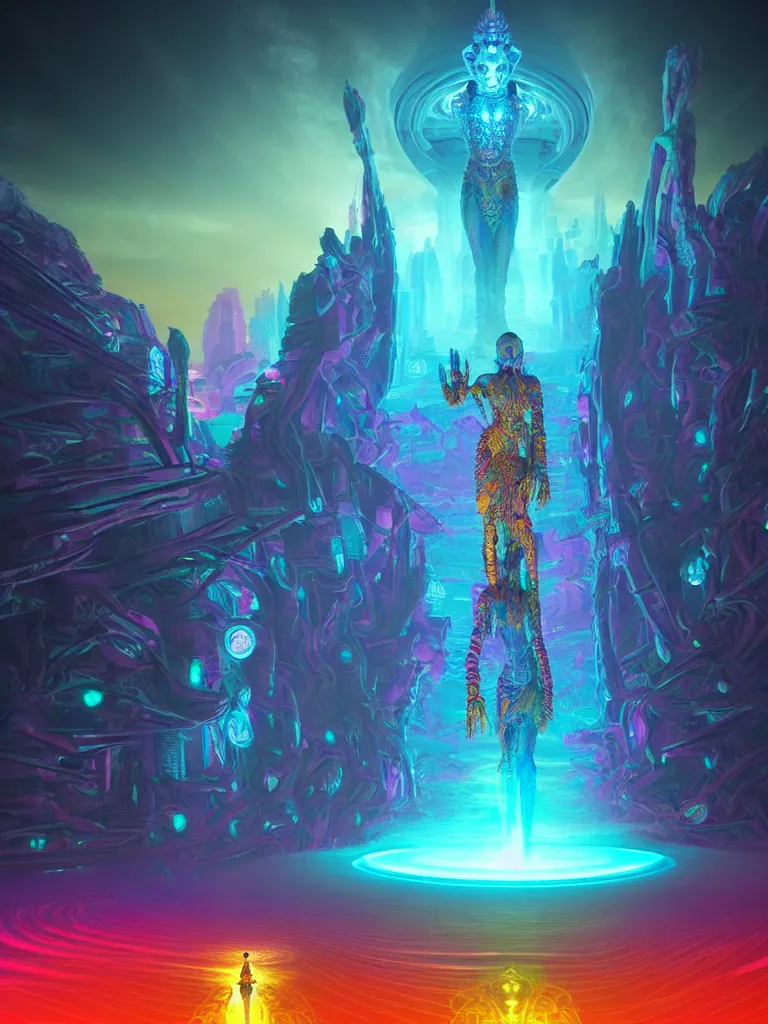 Prompt: entrance to ethereal realm, cybergod vishnu, rendered in unreal engine, central composition, symmetrical composition, dreamy colorful cyberpunk colors, 6 point perspective, fantasy landscape with anthropomorphic!!! terrain!!! in the styles of igor morski, jim warren and rob gonsalves, intricate, hyperrealistic, volumetric lighting, neon ambiance, distinct horizon