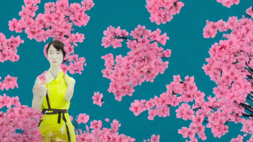 Image similar to close - up of a woman in a small group of people, a flower viewing picnic sakura, japan, a collage painting, in the style of wes anderson, lola dupre, david hockney, isolated on negative white space background dark monochrome neon fluorescent spraypaint accents volumetric octane render