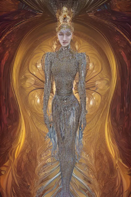 Image similar to a highly detailed portrait of a beautiful alien woman goddess bella hadid in iris van herpen dress in diamonds and fractals in style of alphonse mucha art nuvo gustav klimt trending on artstation made in unreal engine 4