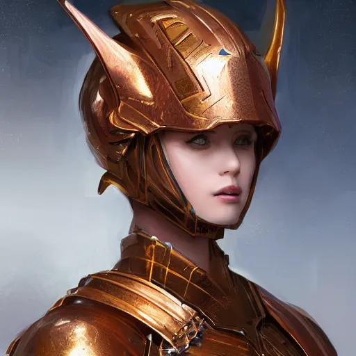 Image similar to portrait knights of Zodiac girl, golden and copper armor, sci-fi, fantasy, intricate, very very beautiful, elegant, highly detailed, digital painting, artstation, concept art, smooth, sharp focus, illustration, art by WLOP and tian zi and artgerm