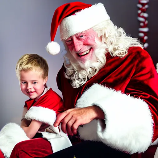 Image similar to jimmy savile as santa costume with child on lap, detailed, super realistic, 8 k,