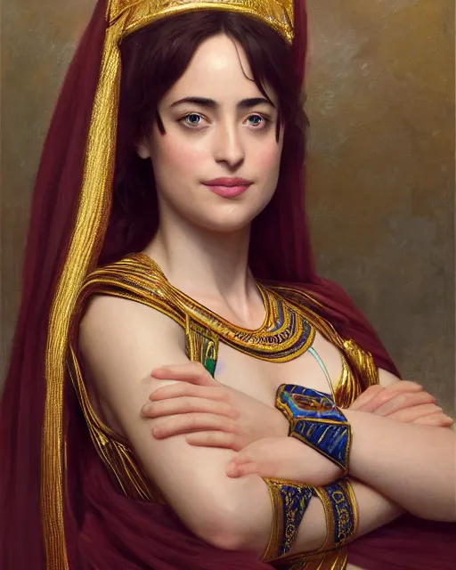 Image similar to Dakota Johnson as a beautiful egyptian princess, gorgeous, portrait, Symmetrical, powerful, intricate, beautiful, masterpiece, elegant, volumetric lighting, highly detailed, digital painting, hyper-realistic, artstation, sharp focus, no blur, illustration, William-Adolphe Bouguereau , ruan jia