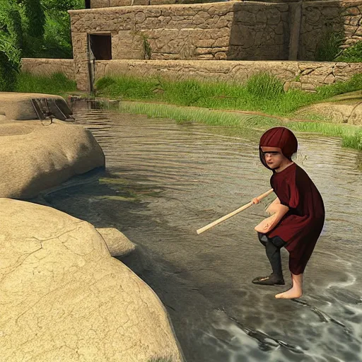 Prompt: “medieval kids playing in the river, unreal engine, focus, utra detailed”