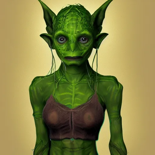 Image similar to illustration of a beautiful goblin girl, green skin, digital concept art