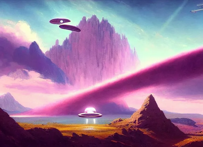 Prompt: Where ufo and aircraft fly in the sky. There is a high mountain and right next to it is a pink waterfall. Fantasy digital painting by Greg Rutkowski. Fantasy. Digital painting. Greg Rutkowski. Fantasy artwork.