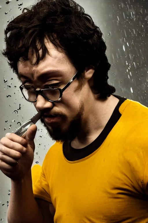 Image similar to A still of Sam Hyde as Bruce Lee, close-up, sigma male, rule of thirds, award winning photo, unreal engine, studio lighting, highly detailed features, raining, ethereal lighting