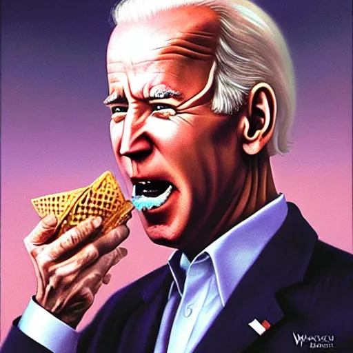 Image similar to epic Joe Biden eating a waffle cone in pandemonium, demons and souls, portrait, art by Wayne Barlowe, oil on canvas