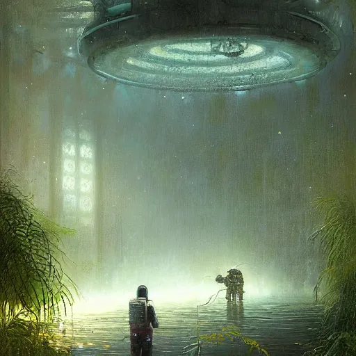 Prompt: An astronaut alone inside an empty dark flooded ballroom overgrown with aquatic plants by Greg Rutkowski Thomas Kincade