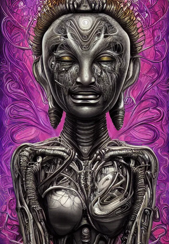 Image similar to perfectly centered portrait, front view of a beautiful biomechanical cyberpunk alien android robot buddha, female, flowing hair, intense stare, sarcastic smile, symmetrical, concept art, intricate detail, volumetric shadows and lighting, realistic oil painting by alex grey and h. r giger,