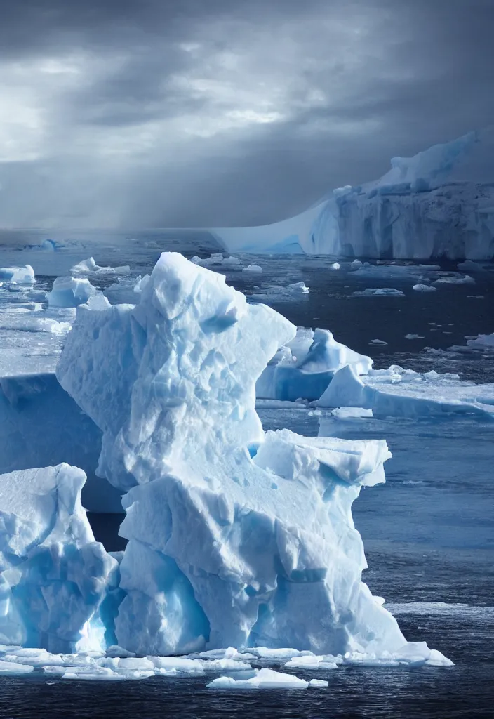 Image similar to ship being persecuted by a police ship over raging turbulent waters in antartica, icebergs in the background, hyper realistic, highly detailed, apocalyptic, intimidating lighting, raytracing, sharp focus, smooth, dramatic action scene