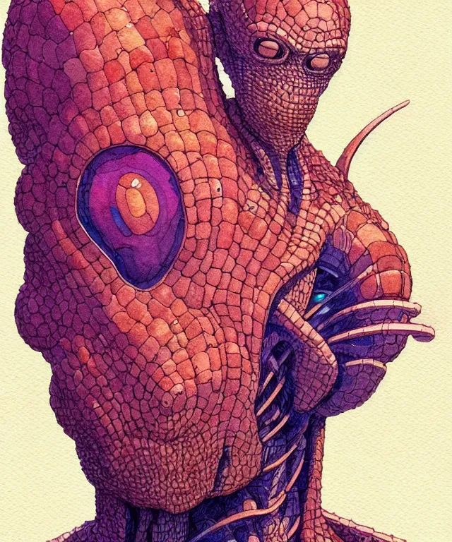 Image similar to a watercolor painting character portrait of a machine mutant in the style of jean giraud in the style of moebius trending on artstation deviantart pinterest detailed realistic hd 8 k high resolution