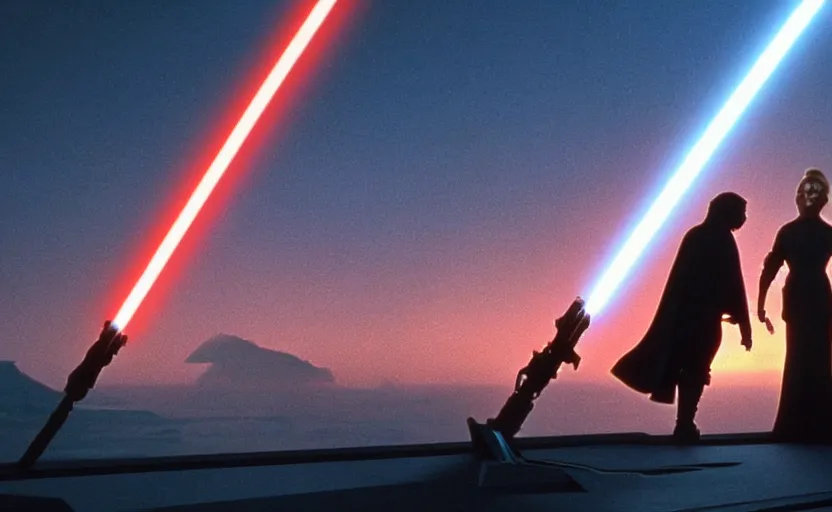 Image similar to iconic wide cinematic screen shot of luke skywalker facing a female sith lord, standing with a view of coruscant at sunset, from the thrilling scene from the 1 9 9 0 s sci fi film directed by stanley kubrick, moody cinematography, foggy volumetric lighting, hyper detailed scene, anamorphic lenses 2 4 mm, lens flare, award winning