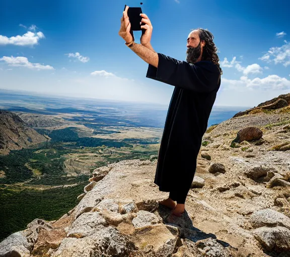 Image similar to biblical moses taking a selfie with the ten commandments on a mountain XF IQ4, 150MP, 50mm, F1.4, ISO 200, 1/160s, natural light