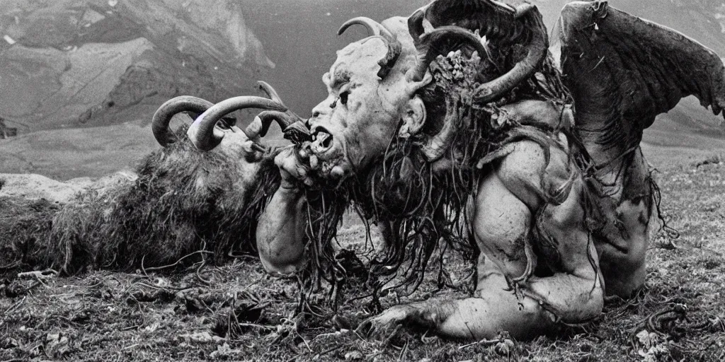 Image similar to historical photograph of a man turning into a grotesque monster with goathorns and roots growing from his face in a pasture in the alps