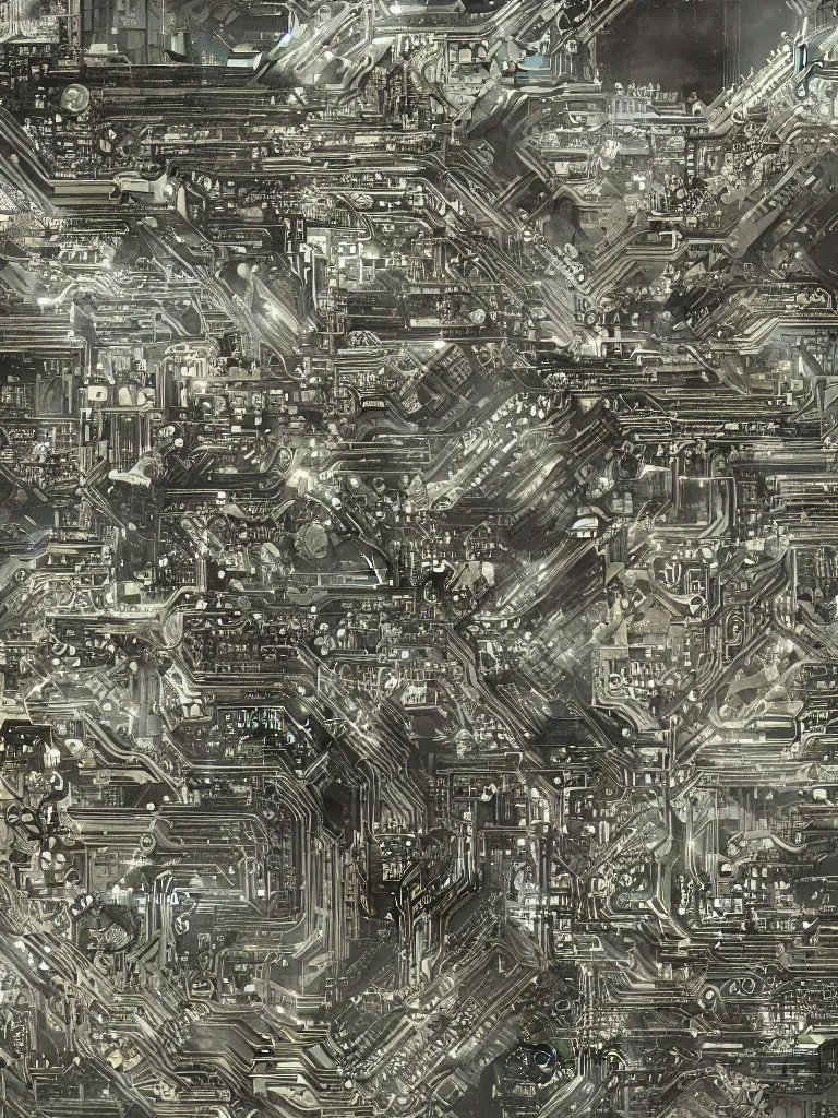 Image similar to big technology, intricate circuit board, cpu, bios chip, led, lcd display, integrated circuits, cmos, capacitors, intricate concept art matte painting, cyberspace, nature grotesque dark