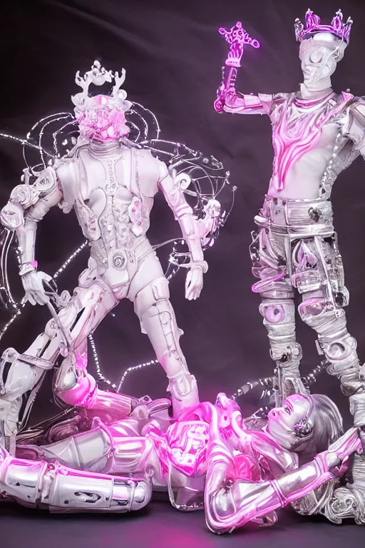 Image similar to full-body rococo and cyberpunk style neon statue of a muscular attractive Colby O'Donis macho dotado e rico android sim roupa reclining con las piernas abertas e la piroca dura, glowing white laser eyes, prince crown of pink gears, diamonds, swirling silver-colored silk fabric. futuristic elements. full-length view. space robots. human skulls. intricate artwork by caravaggio. Trending on artstation, octane render, cinematic lighting from the right, hyper realism, octane render, 8k, depth of field, 3D