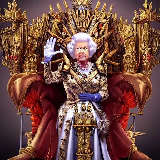 Image similar to Queen Elisabeth as a character in Warhammer sitting on a huge throne in a fantastic hall, Epic character design. Wallpaper, Artstation, Hyperrealistic, Hyperdetailed, Ultra Lighting, Raytracing